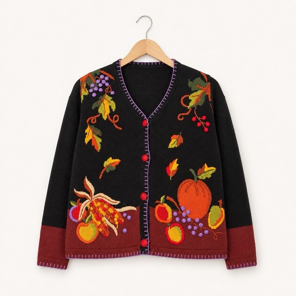 Arriviste Sweaters - Vintage 90s Arriviste Size M Fall Harvest Cardigan 3D Embroidered Pumpkin Ramie